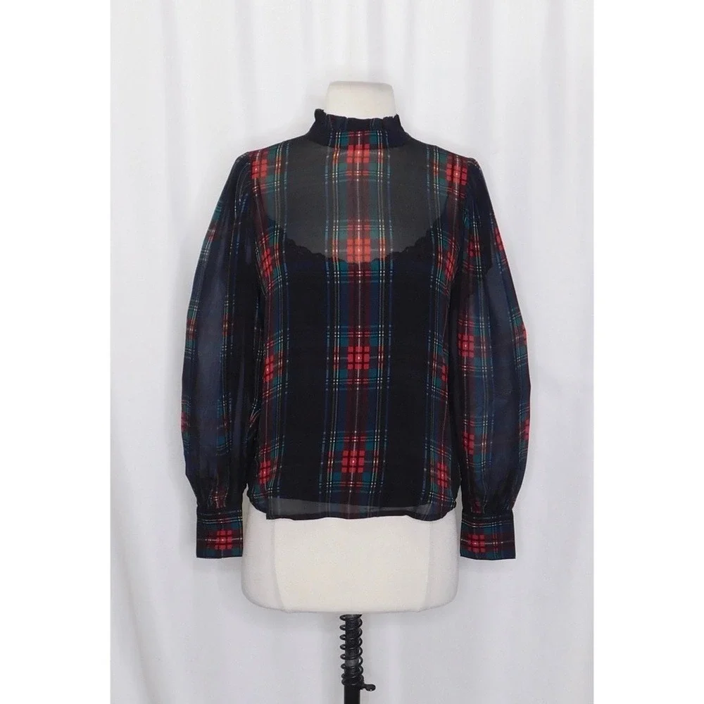 NWT! J. CREW Ruffleneck Top Stewart Tartan Plaid Chiffon Festive Preppy XX-Small